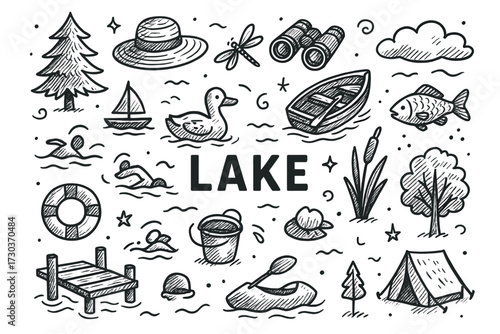Hand-drawn lake elements: boats, animals, nature camping illustrations collection