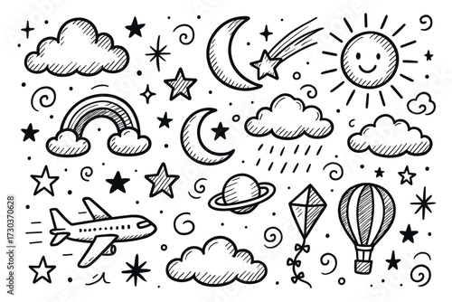 Whimsical sky doodles with clouds, stars, and planets in black and white line art