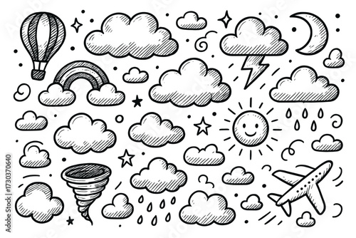 Hand-drawn weather elements: clouds, rainbow, sun, tornado, moon, plane, lightning