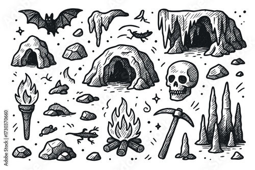 Cave exploration icons set: torches, stalactites, skulls, and more in hand-drawn style