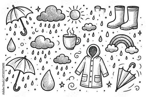 Hand-drawn doodle illustrations of rainy weather tools and icons