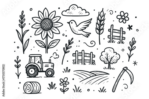 Hand-drawn farm elements with tractor, sunflower, and dove