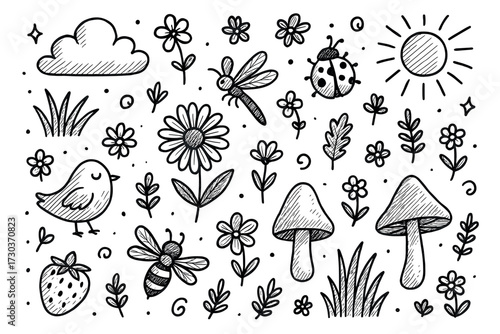 Whimsical nature doodle: flowers, insects, and sunlight in black and white