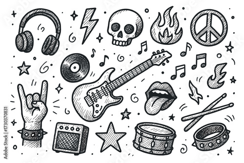 Hand-drawn rock music icons: guitar, skull, peace sign, drums, headphones