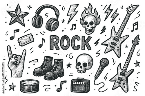 Rock music doodle elements with skulls, guitars, and headphones