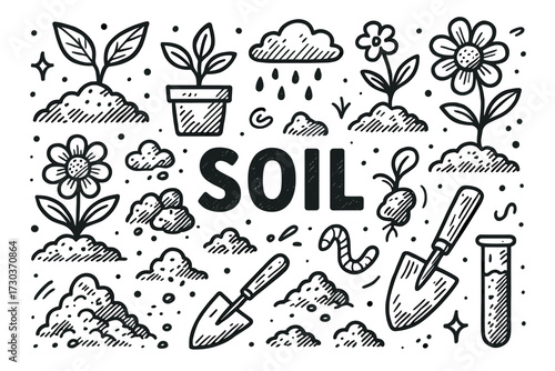 Hand-drawn gardening elements with plants, flowers, and soil