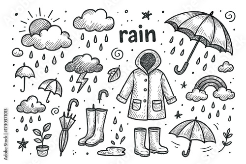 Doodle illustrations of rainy weather elements including umbrellas and raindrops