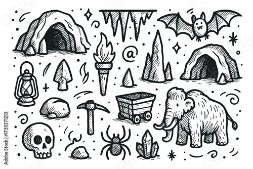 Hand-drawn cave adventure elements: mammoth, bat, skull, and mining cart in black and white