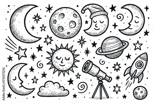 Whimsical cosmic doodles: moon, stars, sun, planets, telescope, rocket