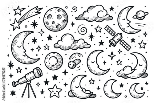 Hand-drawn celestial doodles: stars, moon, planets, clouds, telescope