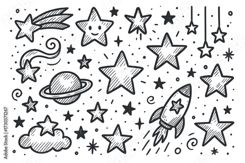 Whimsical starry space doodle with rocket and planetary elements