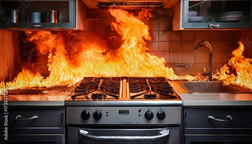a kitchen engulfed in flames illustrates the devastating impact of uncontrolled fire reminding viewers of the importance of fire safety and prompt action in emergencies