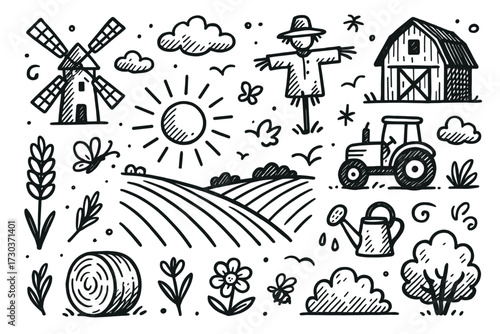 Hand-drawn farm scene with windmill, tractor, and scarecrow in countryside setting