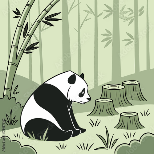 “Lonely Giant Panda in destroyed bamboo forest”