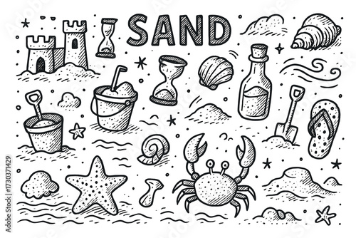Hand-drawn beach doodles: sandcastles, crabs, and seashells illustration