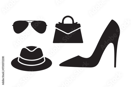 Fashion accessories silhouette collection of sunglasses hat handbag and high heel