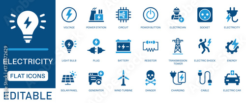 Electricity icon set. featuring current, plug, energy, power, voltage, battery, electrician, socket and more. perfect for flat vector icon collection.