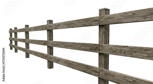 A rustic, weathered wooden fence with three long horizontal planks spanning vertical posts. The fence runs diagonally from left to right against a white background.