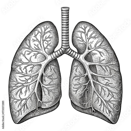 Detailed anatomical illustration of human lungs a black and white engraving style