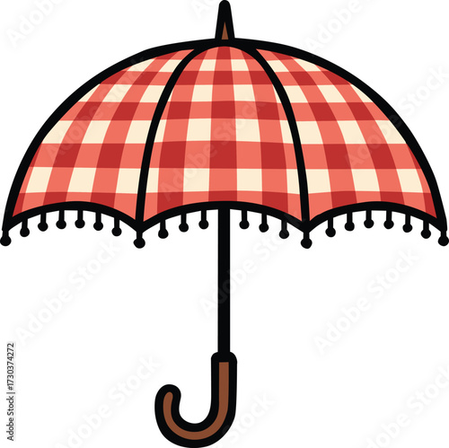 Red checkered umbrella with picnic pattern symbolizing cozy autumn rainy days