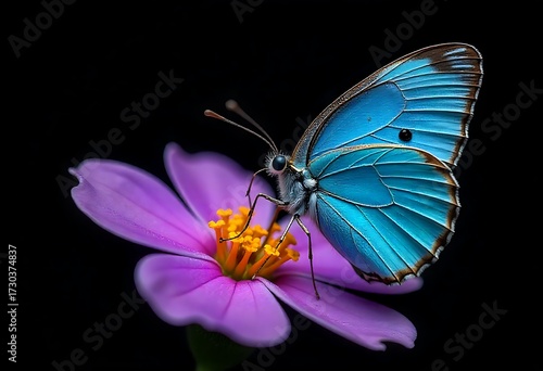Stunning blue butterfly gracefully perched on a vibrant purple flower, capturing nature's beauty and delicate balance against a dark backdrop