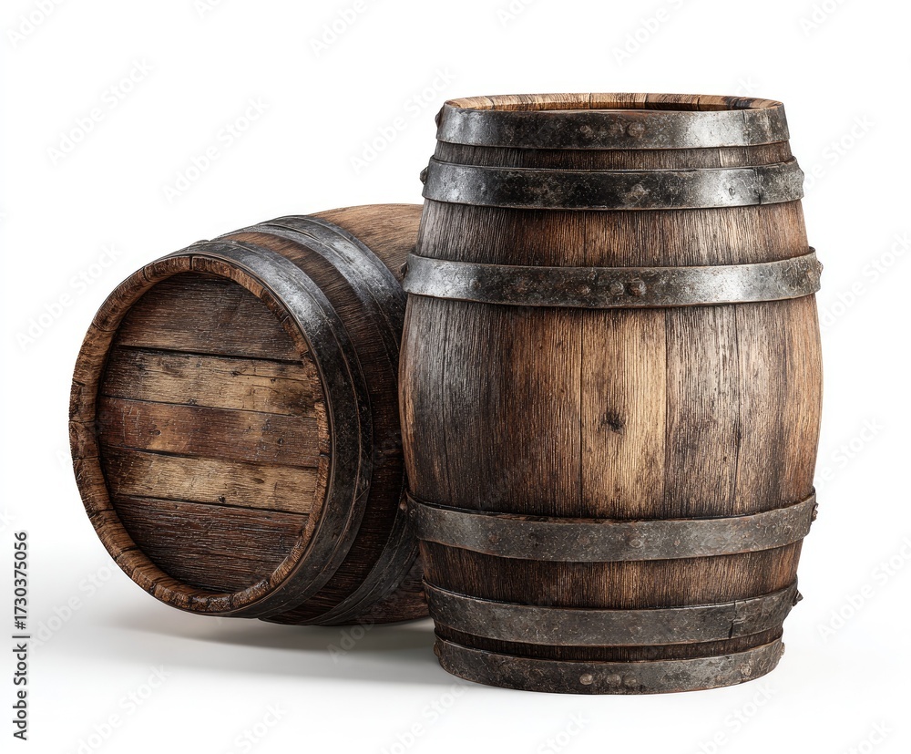 Obraz premium Two wooden barrels isolated on white background for product presentation