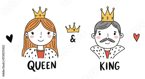 Illustration of a cartoon king and queen with crowns, showcasing royalty and playful design elements