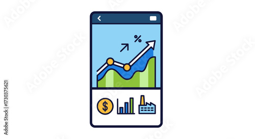 Stylized depiction of business performance and economic advancement on a smartphone