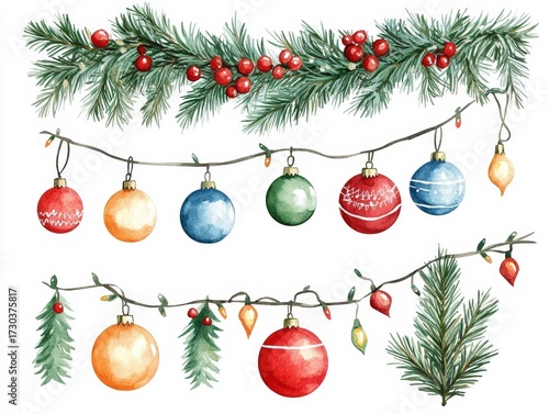 Colorful Festive Christmas Garland Featuring Balls Lights and Fir Branches