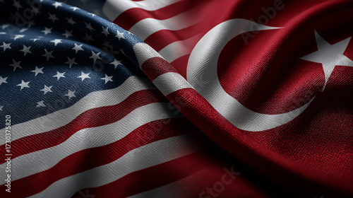 Cultural exchange event united states and turkey flags textile art close-up view symbolizing unity