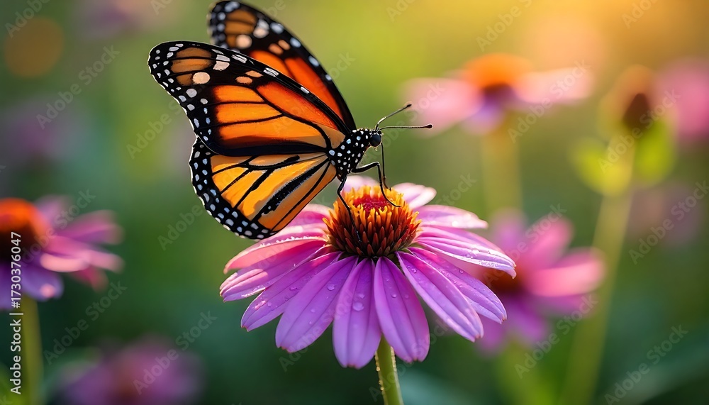 Obraz premium Stunning monarch butterfly rests delicately on a vibrant purple coneflower, bathed in warm golden hour sunlight, capturing nature's serene beauty.