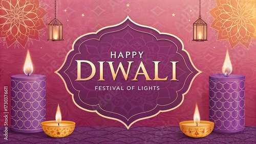 Wallpaper Mural Diwali Greeting Card – Ornate Frame, Glowing Diyas poster, Lanterns, Mandala Patterns, and Pink-Purple Background banner Diwali template Torontodigital.ca