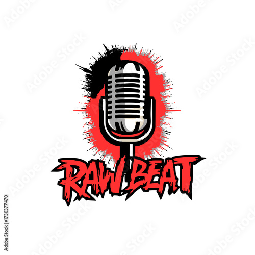 Dynamic retro microphone with vibrant "RAW BEAT" lettering, perfect for music and podcast branding