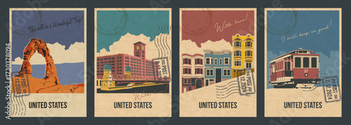 United States Main Attractions Postcard Set. San Francisco Tram, Steep Street Buildings, Delicate Arch in Arches National Park, Chicago Reid Murdoch Building. Aged Paper Texture