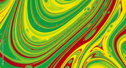 Vibrant and dynamic abstract background with flowing swirls of yellow, green, and red, resembling a psychedelic liquid art pour
