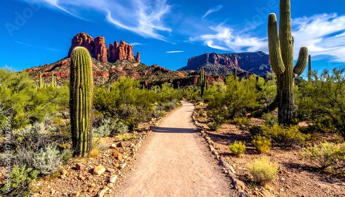 Desert trail flanked by cacti