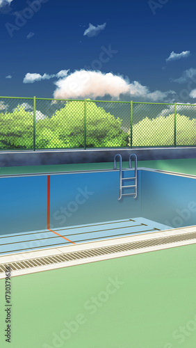 朝のプールサイド(水無し)