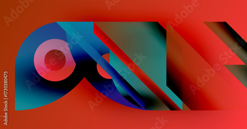 Abstract shapes, vibrant colors, dynamic composition. Red dominates background, blue contrasts nicely. Modern design elements present.