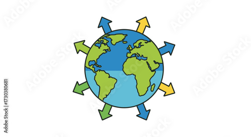 Global Connections: A stylized earth with arrows representing worldwide direction and influence