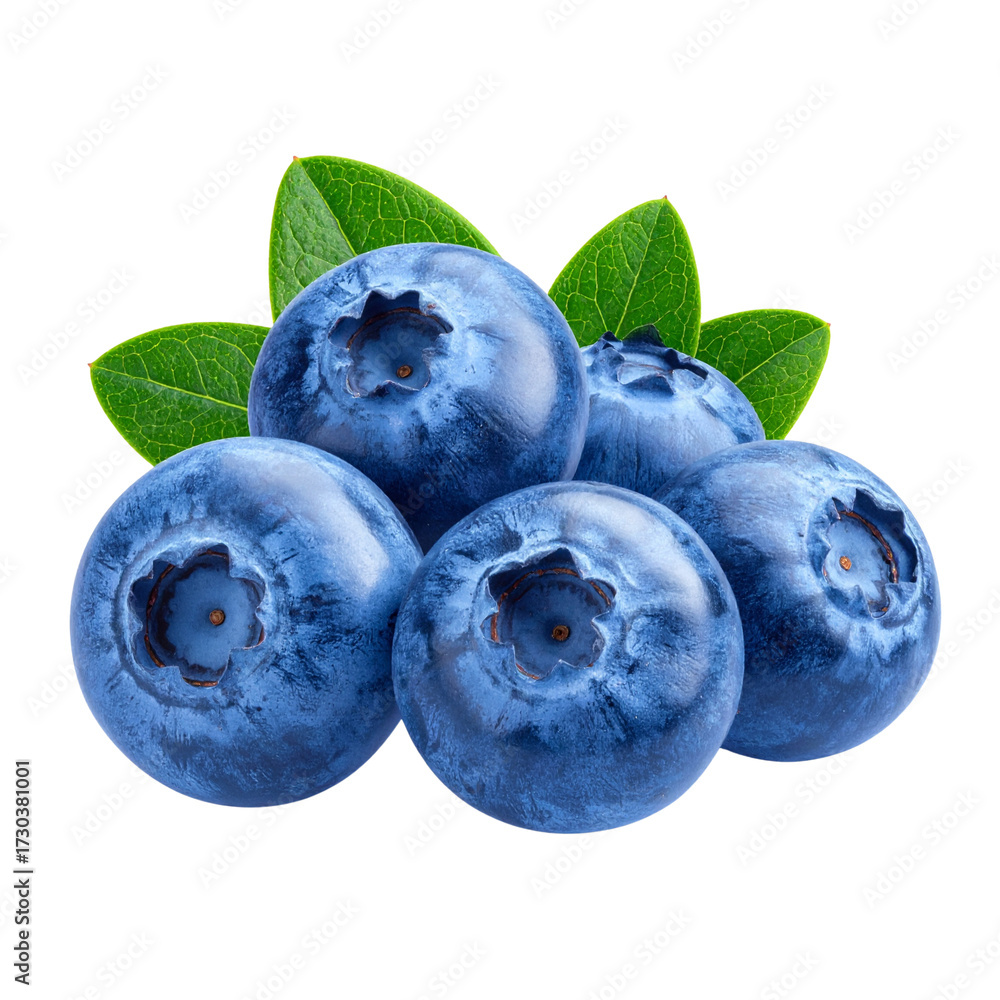 Obraz premium Fresh Blueberries with Green Leaves Cluster, isolated on a transparent background