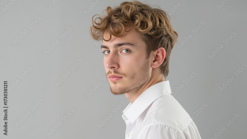 Obraz premium Young man with curly hair poses against gray background, showcasing stylish white shirt. His expression is thoughtful and confident, capturing