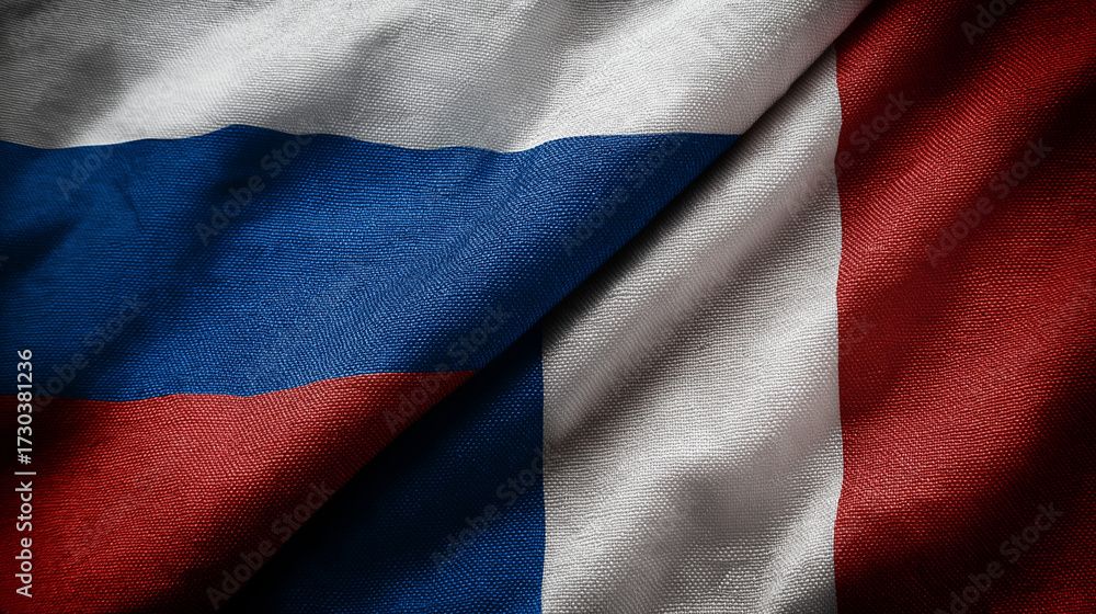 Fototapeta premium Russia and france flags intertwined symbolic representation textile art close-up diplomatic relations