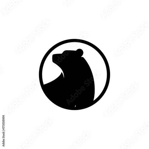 A stylized black silhouette of a bear's head and upper body within a circular frame, presented in a minimalist graphic design.