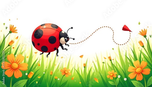 Adorable ladybug playfully chasing a tiny paper airplane through a vibrant meadow bursting with cheerful orange flowers and lush green grass