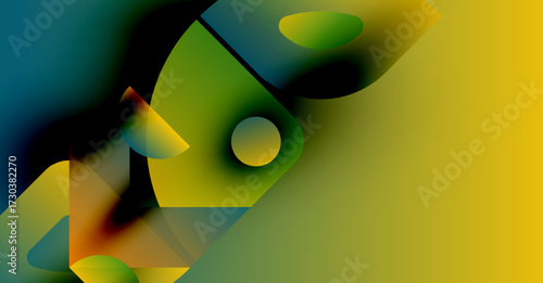 Abstract composition. Vivid gradients blend, forming geometric shapes. Yellow dominates right side, teal left. Dynamic, modern design.