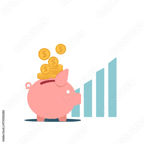 Piggy bank overflowing with gold coins and a rising graph, symbolizing financial growth and investments