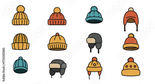 Collection of winter hats and beanies with pom-poms and ear flaps for cold weather