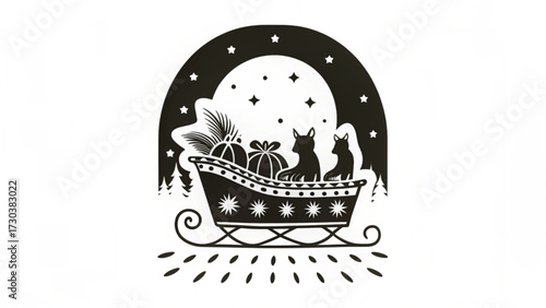 A black and white illustration of a sleigh with dogs and presents under a starry sky and moon design