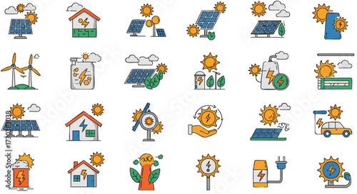 Collection of diverse and colorful outlined icons representing renewable energy sources, sustainable power generation, and eco-friendly technology solutions for a cleaner future