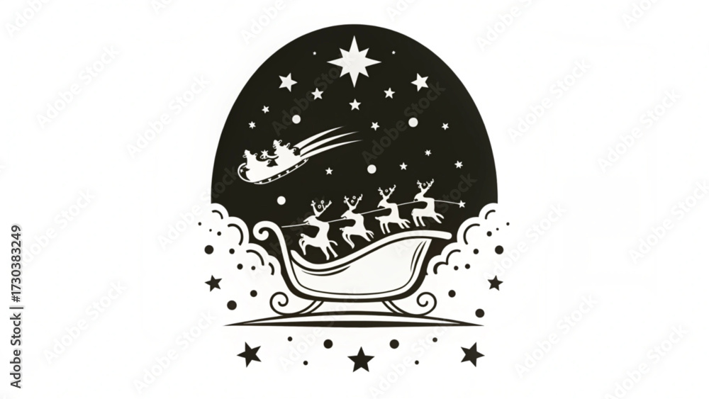 Fototapeta premium Illustration of santa claus in a sleigh pulled by reindeer flying through a starry night sky scene